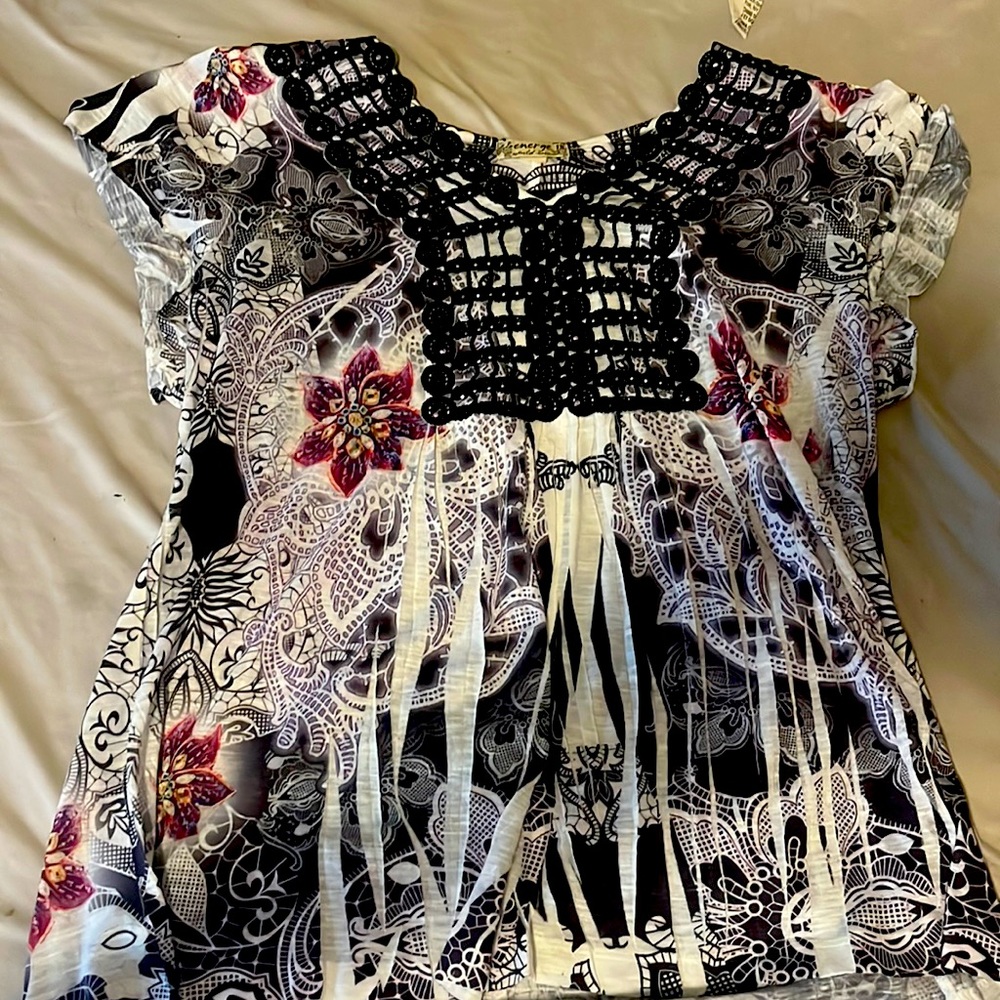 purple themed blouse with black lace design